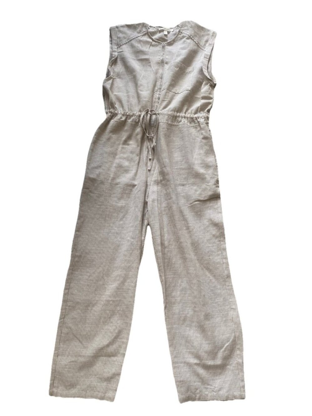 Grade & Gather Jumpsuit Striped Pocketed Drawstring Large Tan Cream